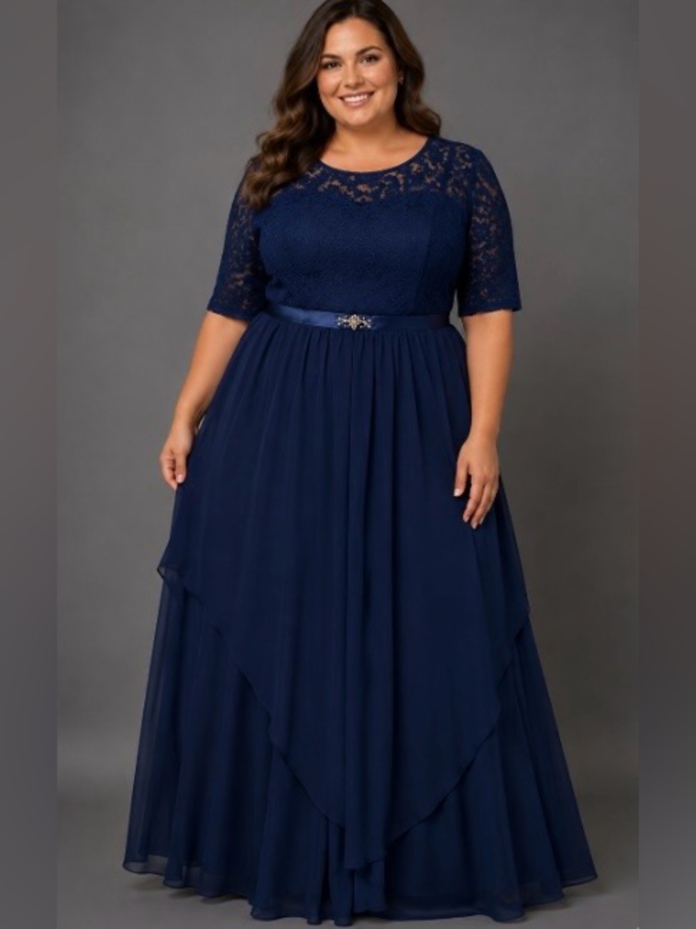 Ever pretty Women Plus size 24 Navy Blue long sleeve lace and chiffon dress NEW